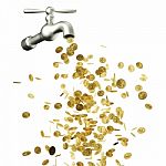 Faucet With Gold Coin Isolated On White Background Stock Photo