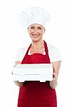 Female Baker Presenting Box Stock Photo