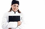 Female Chef Holding Clipboard Stock Photo