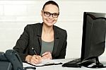 Female Executive Writing On Notepad Stock Photo