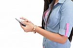 Female Hands Holding A Tablet Touch Pad Computer Gadget And Touc Stock Photo