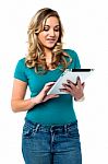 Female Model Using Tablet Pc Stock Photo