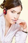 Female Operater With Headphones Stock Photo