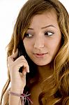 Female Talking Over Cellphone Stock Photo