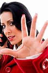 Female Talking Phone Stop Gesture Stock Photo