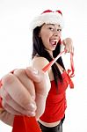 Female Wearing Christmas Hat Stock Photo