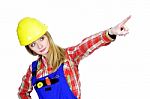 Female Worker Pointing Up Stock Photo