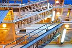 Fire Escape Ladder Upper View On Offshore Platform With Lighting Stock Photo