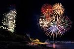 Fireworks At Pattaya Beach, Thailand Stock Photo