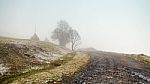 First Autumn Snow On Mountain Misty Road Stock Photo