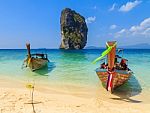 Fishing Boats On The Sea And Beutiful Island Stock Photo