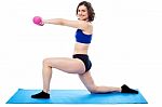 Fit Lady With Dumbbells Kneeling On One Leg Stock Photo