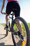 Fit Woman Riding Mountain Bike Stock Photo