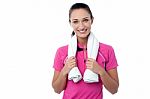 Fit Woman With Towel Around Her Neck Stock Photo