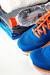 Fitness Accessories With Running Shoes Stock Photo