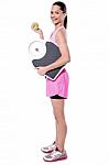 Fitness Freak Woman Holding Measuring Scale Stock Photo