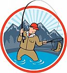 Fly Fisherman Catching Trout Fish Cartoon Stock Photo