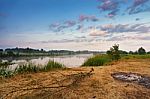 Foggy River In The Morning. Misty Dawn At Summer. Misty Morning Stock Photo