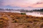 Foggy River In The Morning. Misty Dawn At Summer. Misty Morning Stock Photo