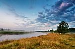 Foggy River In The Morning. Summer Foggy Sunrise. Misty Morning Stock Photo