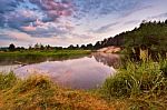 Foggy River In The Morning. Summer Foggy Sunrise. Misty Morning Stock Photo