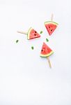 Fresh And Sweet Watermelon Slice Popsicles On White Background Stock Photo