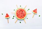 Fresh And Sweet Watermelon Slice Popsicles On White Background Stock Photo