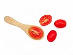 Fresh Grape Or Cherry Tomato With Wooden Spoon On White Backgrou Stock Photo