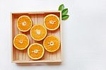 Fresh Orange Citrus Fruit In Wooden Box Stock Photo