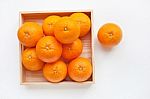 Fresh Orange Citrus Fruit In Wooden Box Stock Photo