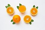 Fresh Orange Citrus Fruit With Leaves Isolated On White Stock Photo