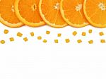 Fresh Orange Slice And Small Pieces On White Background, With Co Stock Photo