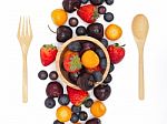 Fresh Summer Fruits, Cherry, Strawberry, Cape Gooseberry And Blu Stock Photo