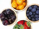 Fresh Summer Fruits, Cherry, Strawberry, Cape Gooseberry And Blu Stock Photo