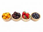 Fresh Summer Fruits, Cherry, Strawberry, Cape Gooseberry And Blu Stock Photo