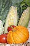 Fresh Vegetables Arrange On The Wood Table Stock Photo