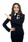 Friendly Smiling Stewardess Pointing Away Stock Photo
