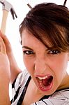 Front View Of Aggressive Japanese Woman Stock Photo