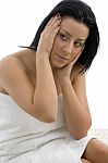 Front View Of Female Posing In Towel Stock Photo