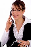 Front View Of Happy Female Lawyer Communicating On Phone Stock Photo