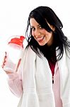 Front View Of Happy Female With Bottle On White Background Stock Photo