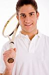 Front View Of Male Carrying Racket Stock Photo