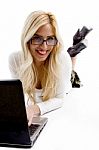 Front View Of Smiling Female Woman Busy With Laptop Stock Photo