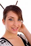 Front View Of Smiling Japanese Woman With Hair Sticks Stock Photo