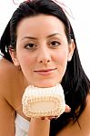 Front View Of Woman With Scrubber On White Background Stock Photo