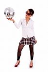 Full Body Pose Of Attractive Female Holding Disco Ball Stock Photo