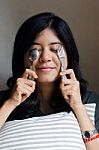 Funny Woman With Spoon And Fork Stock Photo