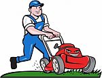 Gardener Mowing Lawn Mower Cartoon Stock Photo