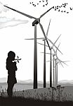 Girl And Wind Turbine Stock Photo