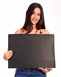 Girl Holding Black Board Stock Photo